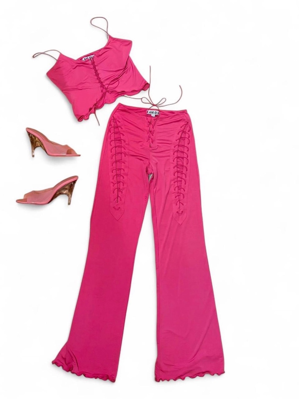 RARE I.AM.GIA NYX Lace Up Camisole Rise Cutout Pants Co-Ord Set in Hot Pink Sz L
